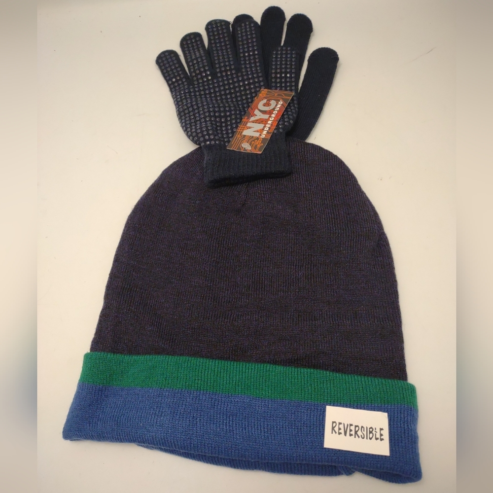 New NYC Underground Blue & Green Knit Winter Hat Cap And Gloves
